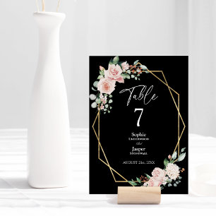 Numéro de table de mariage noir simple floral rose