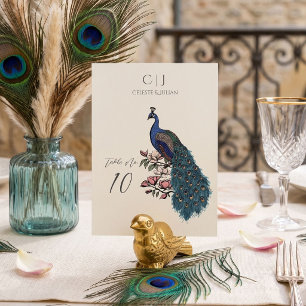 Numéro de table de mariage Paon en Ivoire Rustique