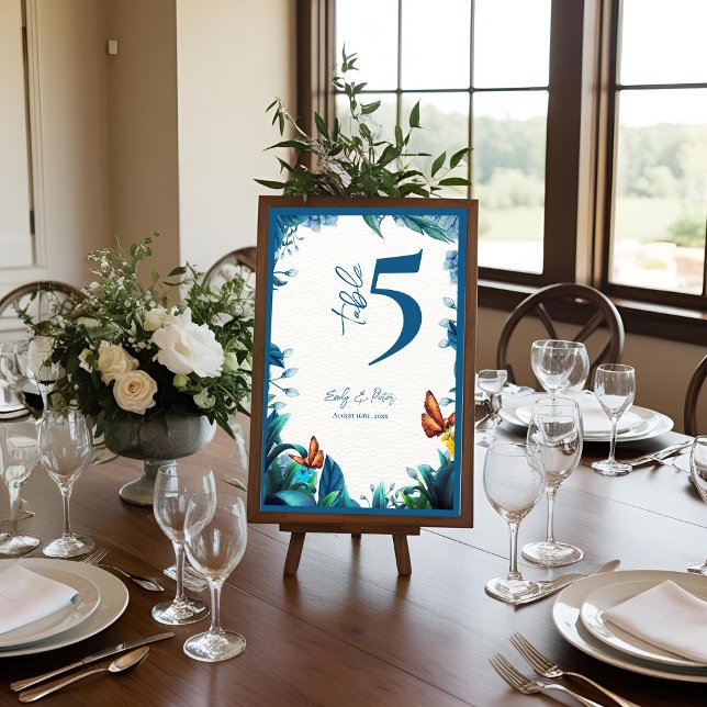 Numéro de table de mariage papillon botanique bleu (Blue Botanical Butterfly Wedding Table Number)