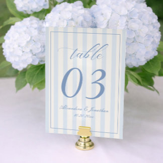 Numéro de table de mariage rayé rétro blanc et ble