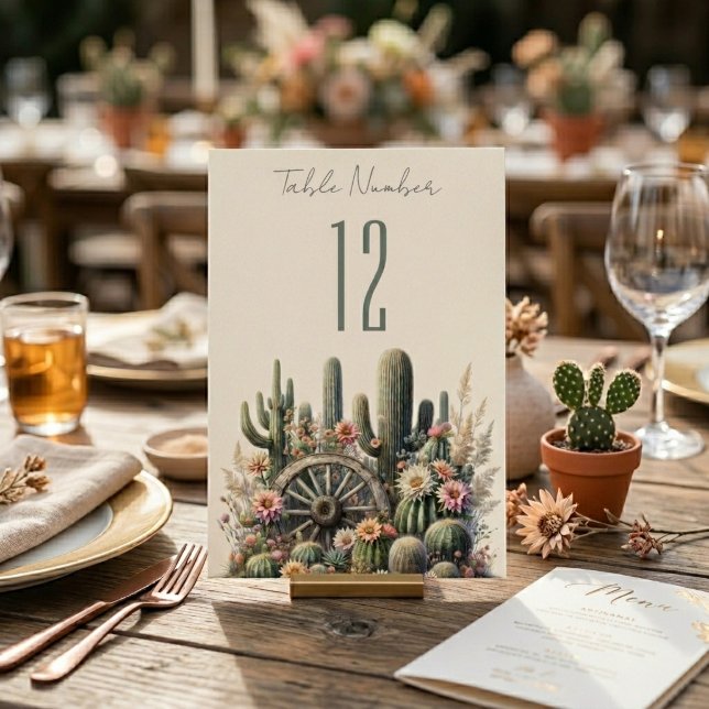 Numéro de table de mariage rustique Cactus et roue (Créateur téléchargé)