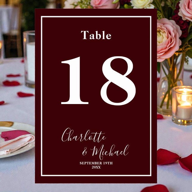 Numéro De Table Deep Burgundy Script Minimalist Wedding (Créateur téléchargé)