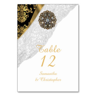 Numéro De Table Dentelle blanche noir et or vintage mariage damass