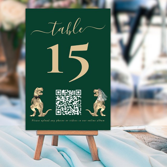 Numéro De Table Dinosaur thème Mariage vert QR Code (Dinosaur theme wedding dark green table number cards with website qr code for photos and videos )