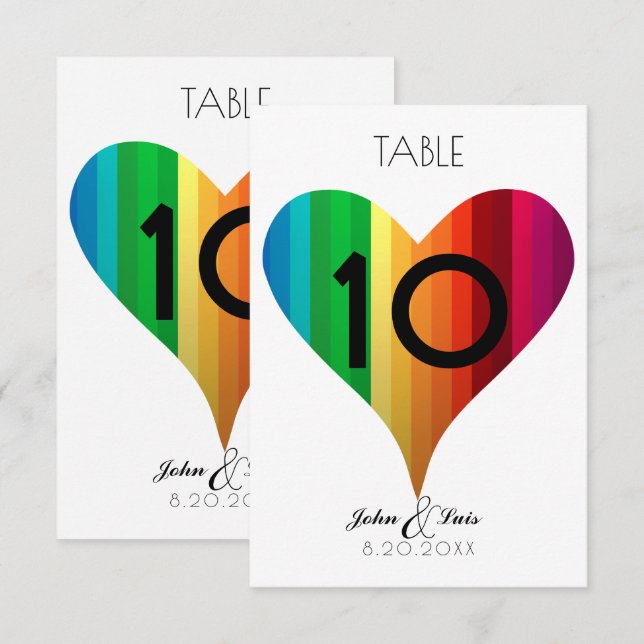 Numéro de table du Mariage Rainbow Heart (Devant / Derrière)