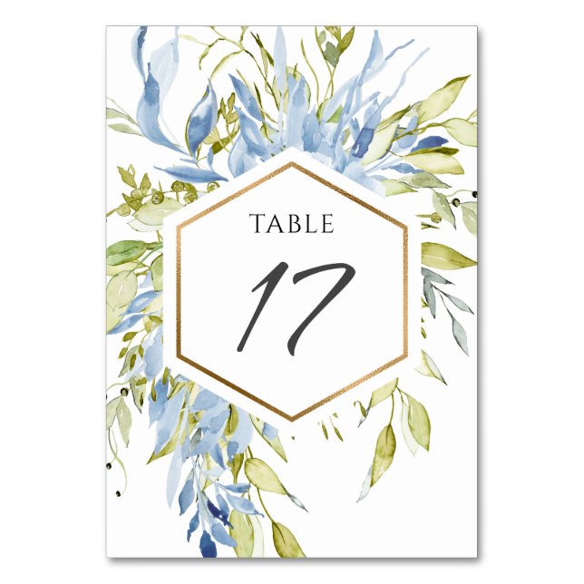 Numéro De Table Dusty Blue Green Watercolor Greenery Cadre Doré (Par défaut)