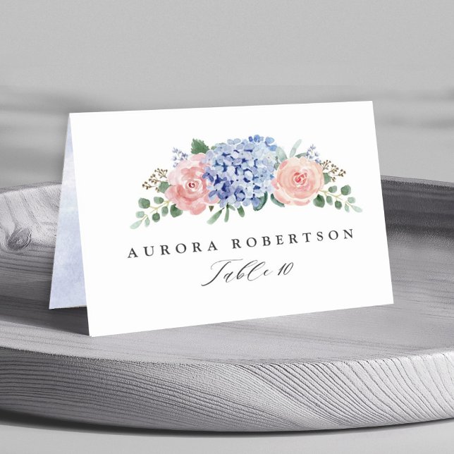 Numéro De Table Dusty Blue Pastel Pink hydrangeas Nom d'hôte (Dusty blue pink floral botanical wedding guest name personalized place card)
