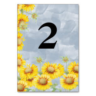 Numéro De Table Dusty Blue Watercolor Sunflowers Monogram Mariage