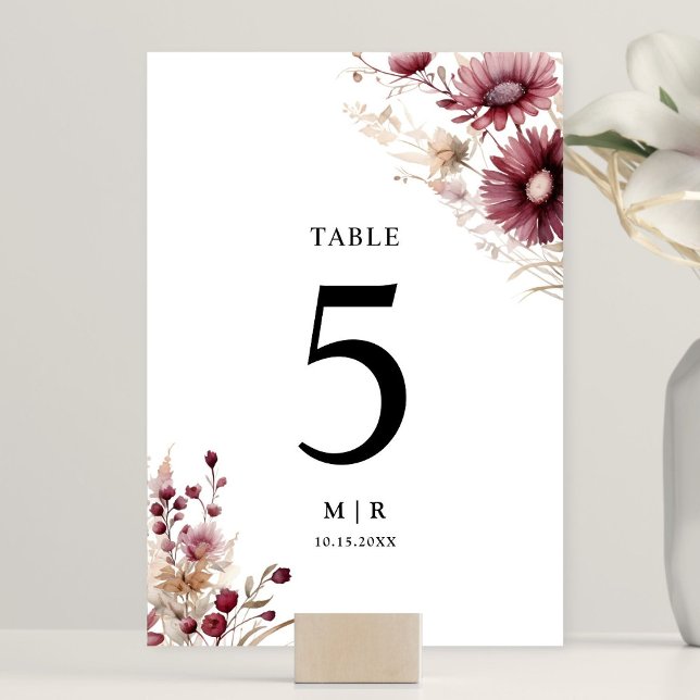 Numéro De Table Dusty Bourgogne Fleur sauvage Mariage Floral (Créateur téléchargé)