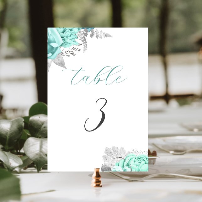 Numéro De Table Elégant Aqua Floral Mariage Argent (Créateur téléchargé)