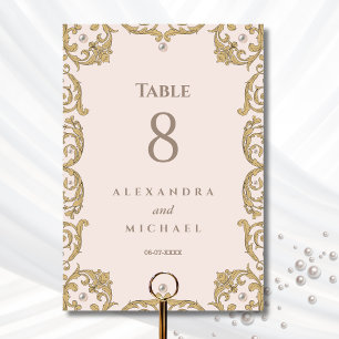 Numéro De Table Elégant Beige Victorian Pearl Vintage Wedding