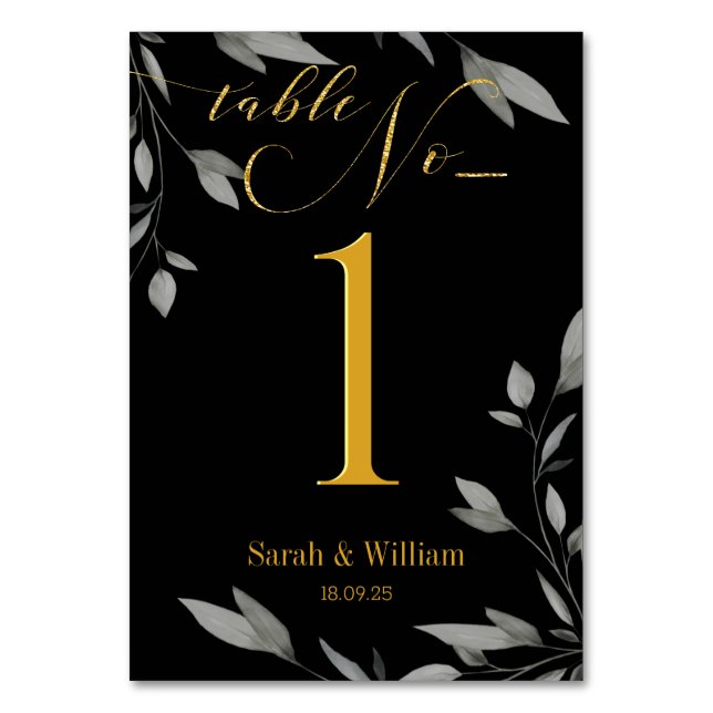 Numéro De Table Élégant Black Gold Script Eucalyptus Feuilles (Par défaut)