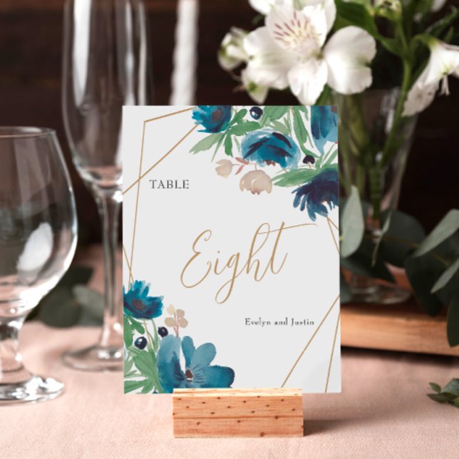 Numéro De Table Elégant bleu doré Floral Aquarelle Mariage (Elegant dusty blue gold Floral Watercolor Wedding Table Number)
