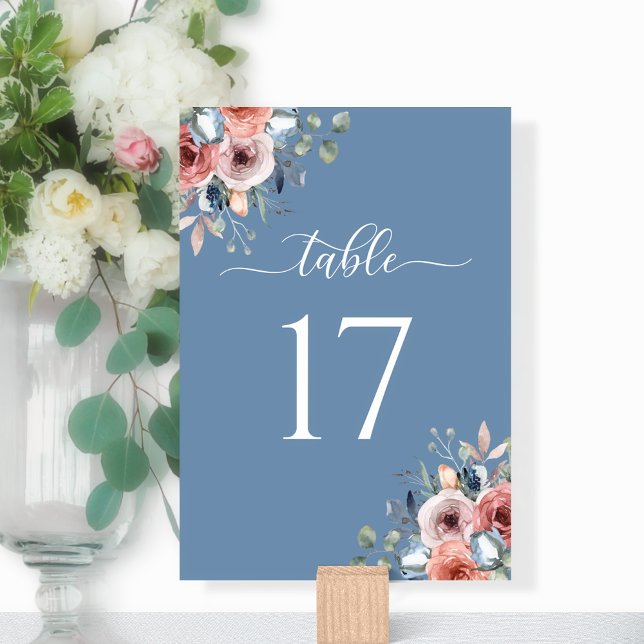 Numéro De Table Élégant Blissant Floral Dusty Mariage bleu (Créateur téléchargé)