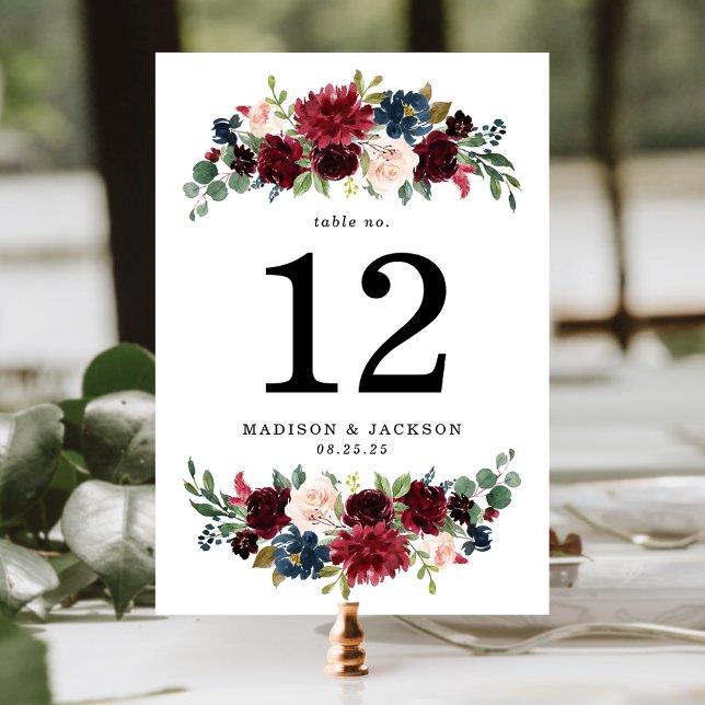 Numéro De Table Élégant Blush Bourgogne et Mariage floral de marin (Créateur téléchargé)