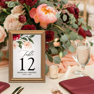 Numéro De Table Elégant Burgundy Blush Aquarelle Floral Mariage