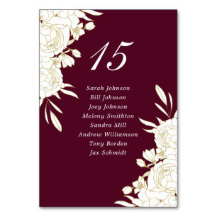 Numéro De Table Elégant Burgundy Gold White Roses Noms Mariage