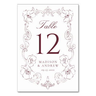 Numéro De Table Elegant Burgundy Ornate Floral Frame Wedding