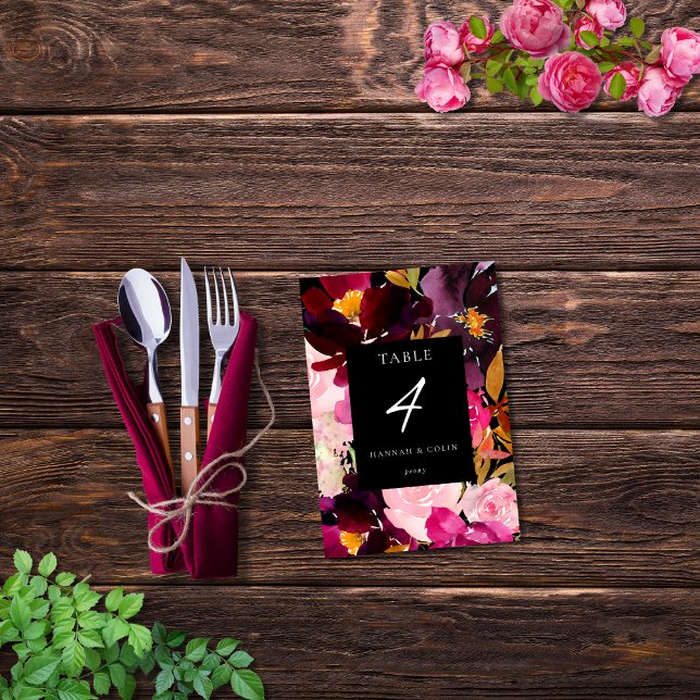 Numéro De Table Elégant cadre floral rose bordeaux noir (Créateur téléchargé)