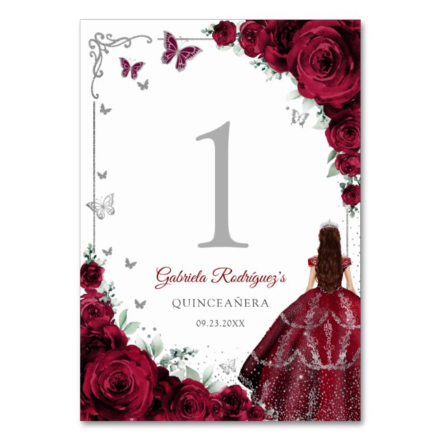 Numéro De Table Elegant Chic Burgundy Roses Silver Quinceanera (Par défaut)