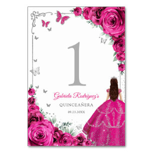 Numéro De Table Élégant Chic Roses Fuchsia Rose Quinceanera