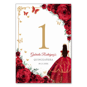 Numéro De Table Élégant Chic Roses Rouges Or Quinceanera