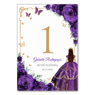 Numéro De Table Élégant Chic Roses Violettes Or Quinceanera