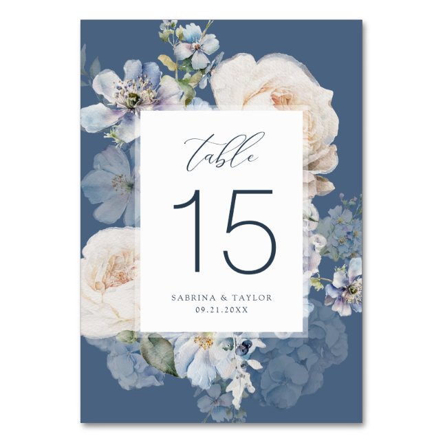 Numéro De Table Elégant Dusty Blue Cream Roses Mariage romantique (Par défaut)