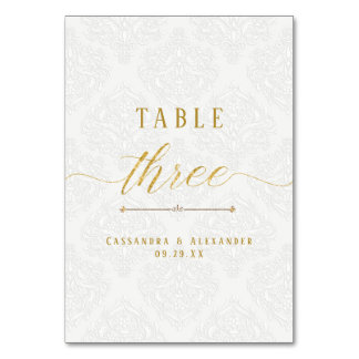 Numéro De Table Élégant écriture blanche dentelle or 3 Trois Maria