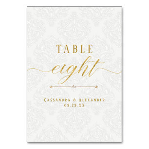 Numéro De Table Élégant écriture blanche dentelle or 8 huit mariag