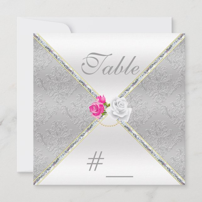 Numéro de table élégant en damas argenté et rose r (Devant)