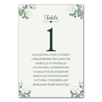 Numéro de table élégant Eucalyptus avec noms d'inv