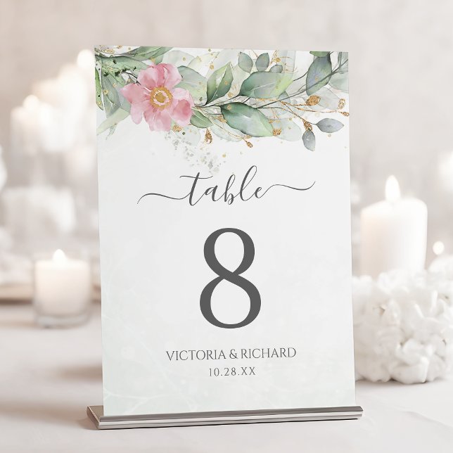 Numéro De Table Elégant Eucalyptus Feuille Mariage or vert (Créateur téléchargé)