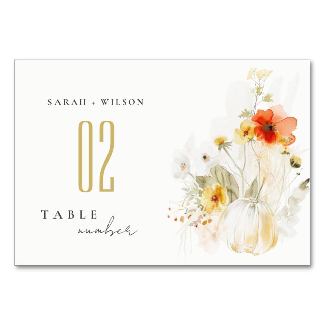 Numéro De Table Elégant Fleur sauvage  Citrouille aquarelle Mariag (Devant)