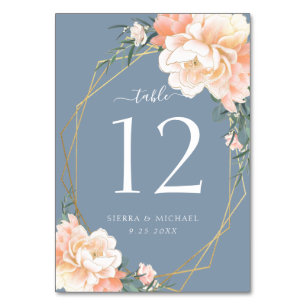 Numéro De Table Élégant flou broche bleu Dusty Mariage or