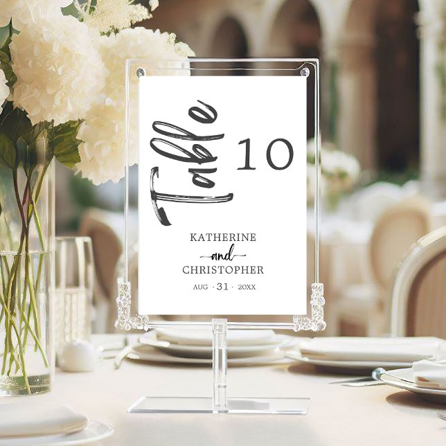 Numéro De Table Élégant Gras Script noir blanc Mariage formel (Elegant Bold Black and White Vertical Script Wedding Table Number with Vertical Calligraphy.)