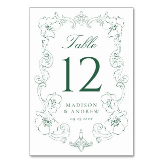 Numéro De Table Elegant Green Ornate Floral Frame Wedding