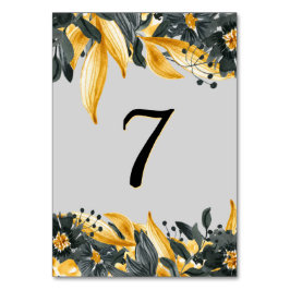 Numéro De Table Elégant Jaune + Gris Floral Aquarelle Mariage