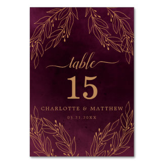 Numéro De Table Élégant Mariage botanique de Bourgogne et d'or