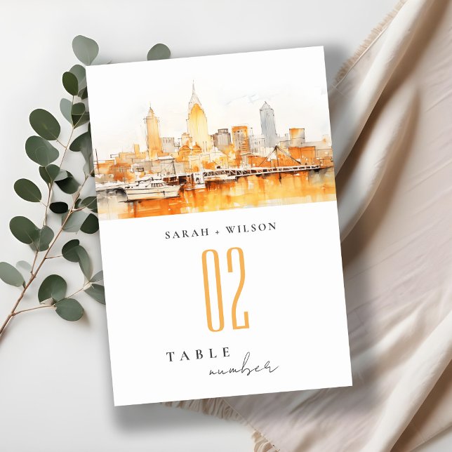 Numéro De Table Élégant Mariage d'aquarelle Skyline de Nashville C (Créateur téléchargé)