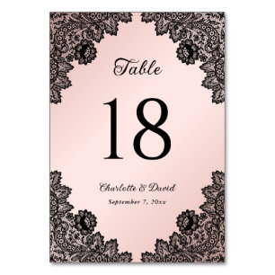 Numéro De Table Élégant Mariage de dentelle florale noire et rose 