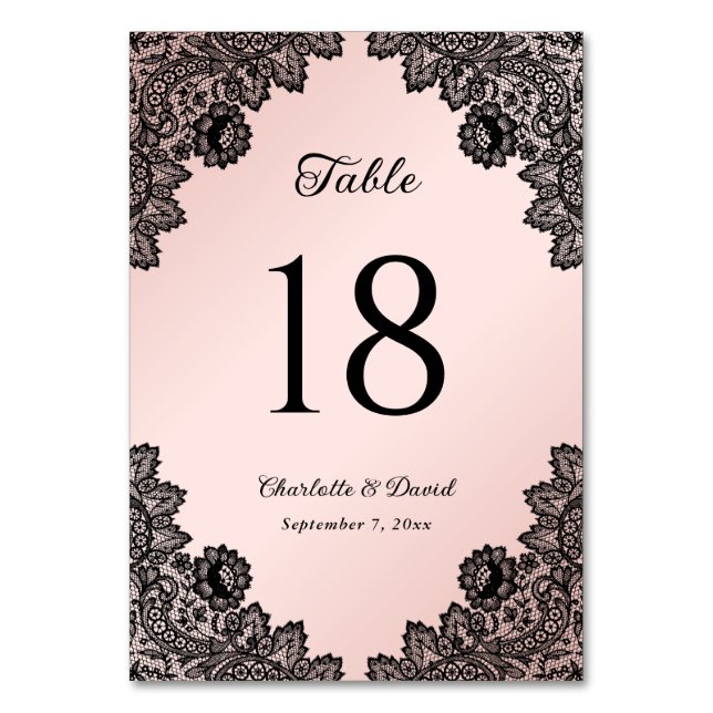 Numéro De Table Élégant Mariage de dentelle florale noire et rose  (Par défaut)
