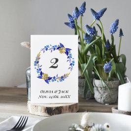 Numéro De Table Elégant Mariage de fleurs bleu aquarelle