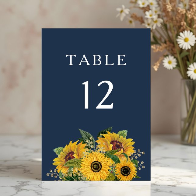 Numéro De Table Élégant Mariage de fleurs de soleil bleu marine (Elegant Navy Blue Sunflowers Wedding Table Number)