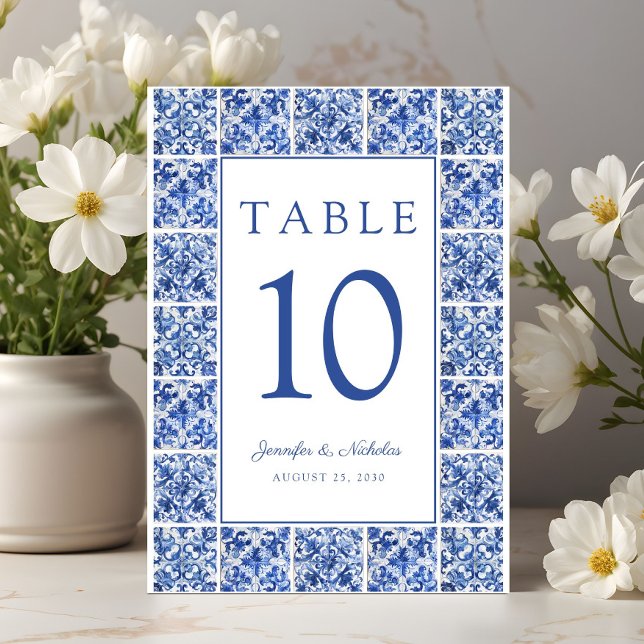 Numéro De Table Elégant Mariage de tuiles Bleues Méditerranéennes (Elegant Mediterranean Blue Tiles Wedding Table Number)