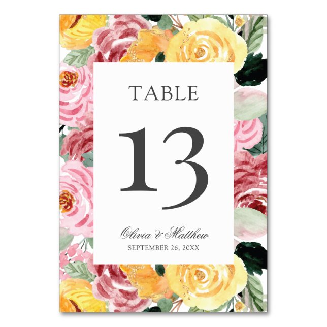 Numéro De Table Elégant Mariage floral aquarelle (Par défaut)