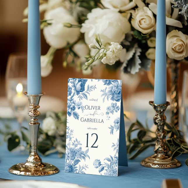 Numéro De Table Élégant Mariage Floral bleu toile française (Créateur téléchargé)