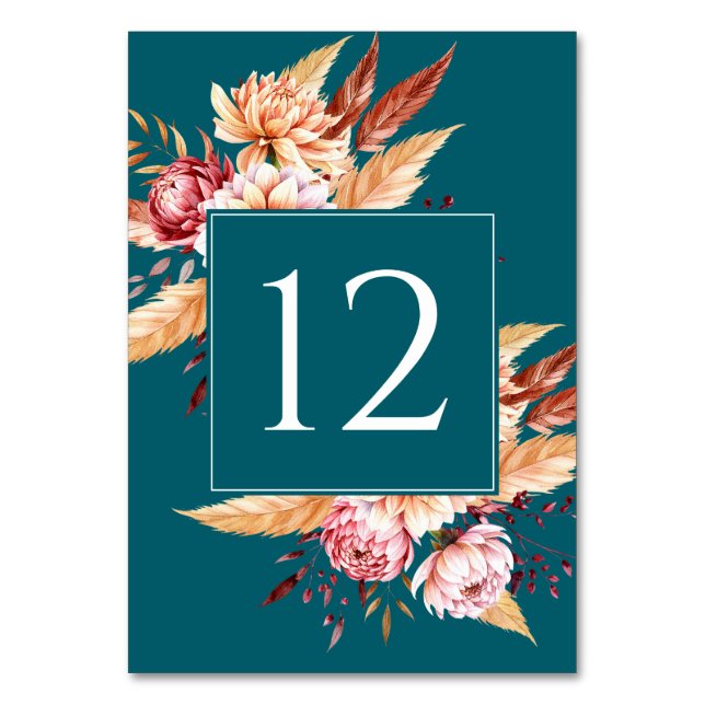 Numéro De Table Élégant Mariage floral Boho Turquoise (Par défaut)
