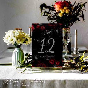 Numéro De Table Élégant Mariage floral noir et rouge personnalisé