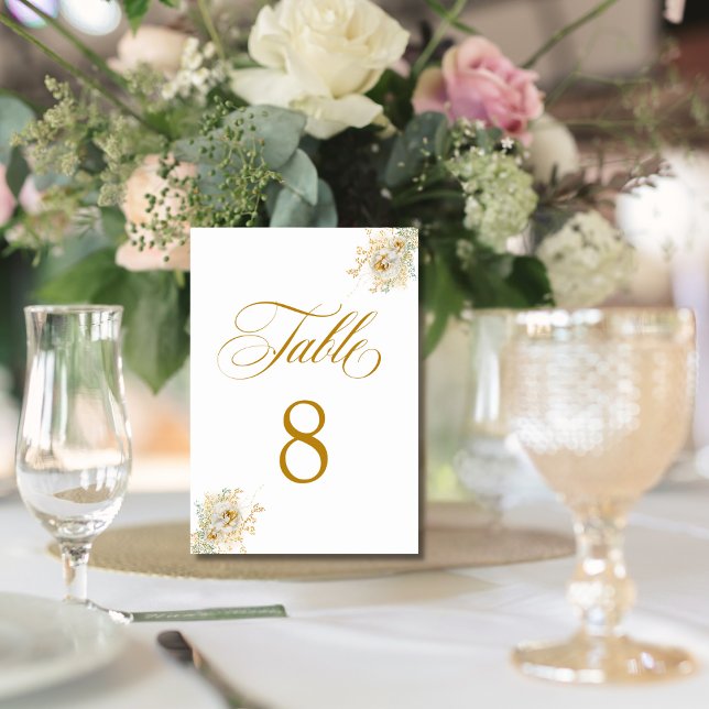 Numéro De Table Élégant Mariage Floral Script Gold Table Numéro 8 (Créateur téléchargé)